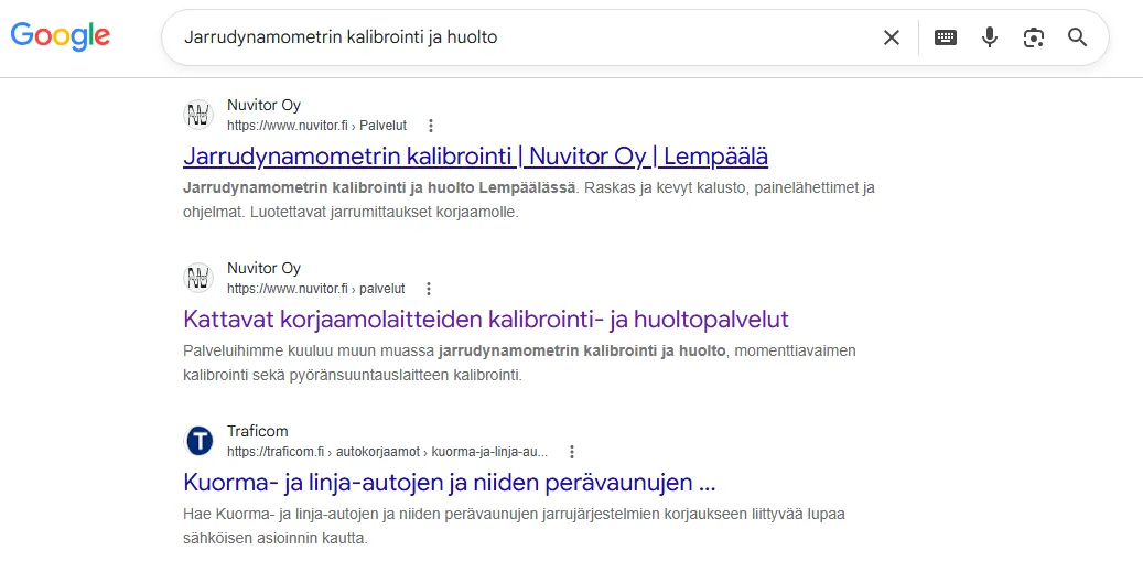 Google-haun hakutulokset hakusanalla 'Jarrudynamometrin kalibrointi ja huolto', joissa Nuvitor Oy vie sekä ensimmäisen että toisen sijan