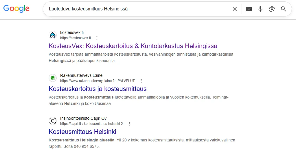 Google-haun tavalliset hakutulokset, joissa KosteusVex.fi on ensimmäisenä orgaanisena tuloksena