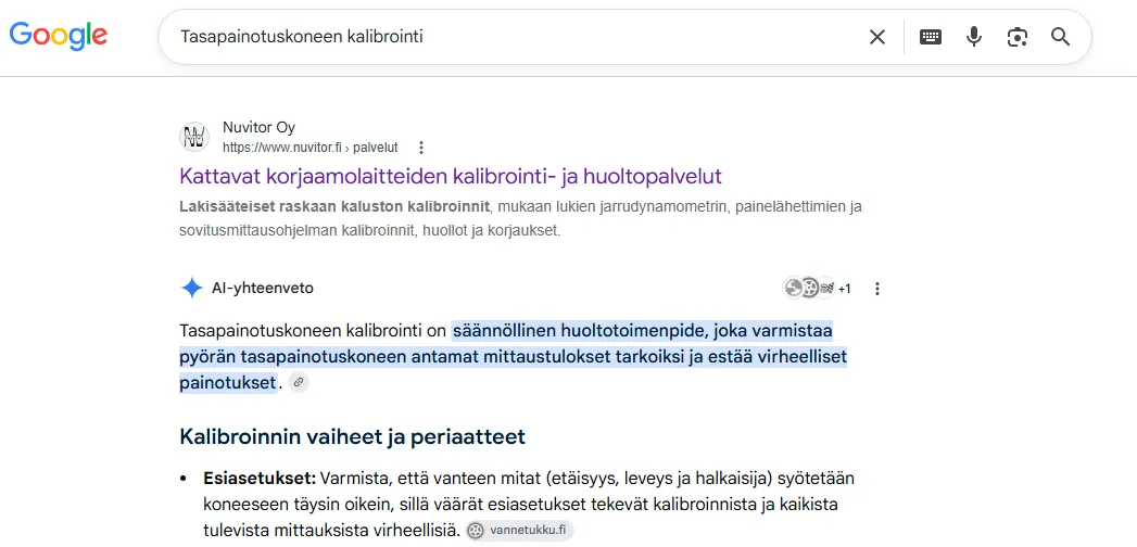 Google-haun tulos hakusanalla 'Tasapainotuskoneen kalibrointi', jossa Nuvitor Oy on ensimmäisenä orgaanisena tuloksena AI-yhteenvedon yläpuolella