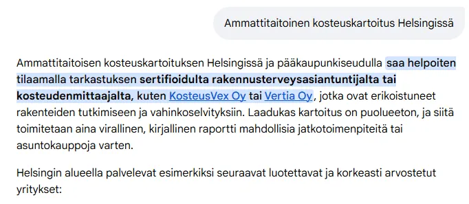 Google Tekoälytila -haun vastauksen alkuosa, joka mainitsee KosteusVexin