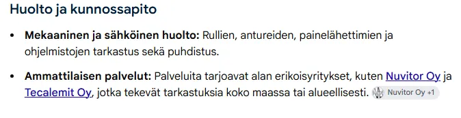Tekoälyn vastaus korjaamolaitteiden huollosta ja kunnossapidosta, jossa Nuvitor Oy mainitaan ammattilaispalveluna