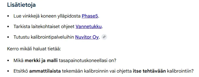 Saman keskustelun jatko-osa 'Lisätietoja', jossa suositellaan tutustumaan Nuvitor Oy:n kalibrointipalveluihin